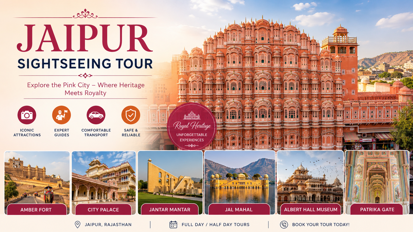Popular Jaipur sightseeing destinations featuring Amber Fort, City Palace, Hawa Mahal, Jal Mahal, and vibrant local markets in the Pink City.