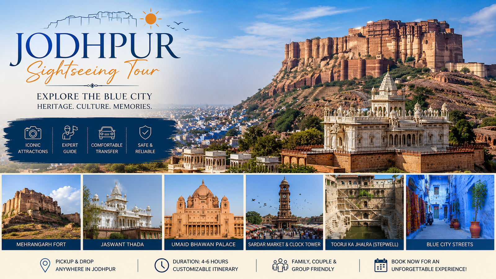 Mehrangarh Fort overlooking Jodhpur city with historic temples and panoramic blue city views in Rajasthan, India.